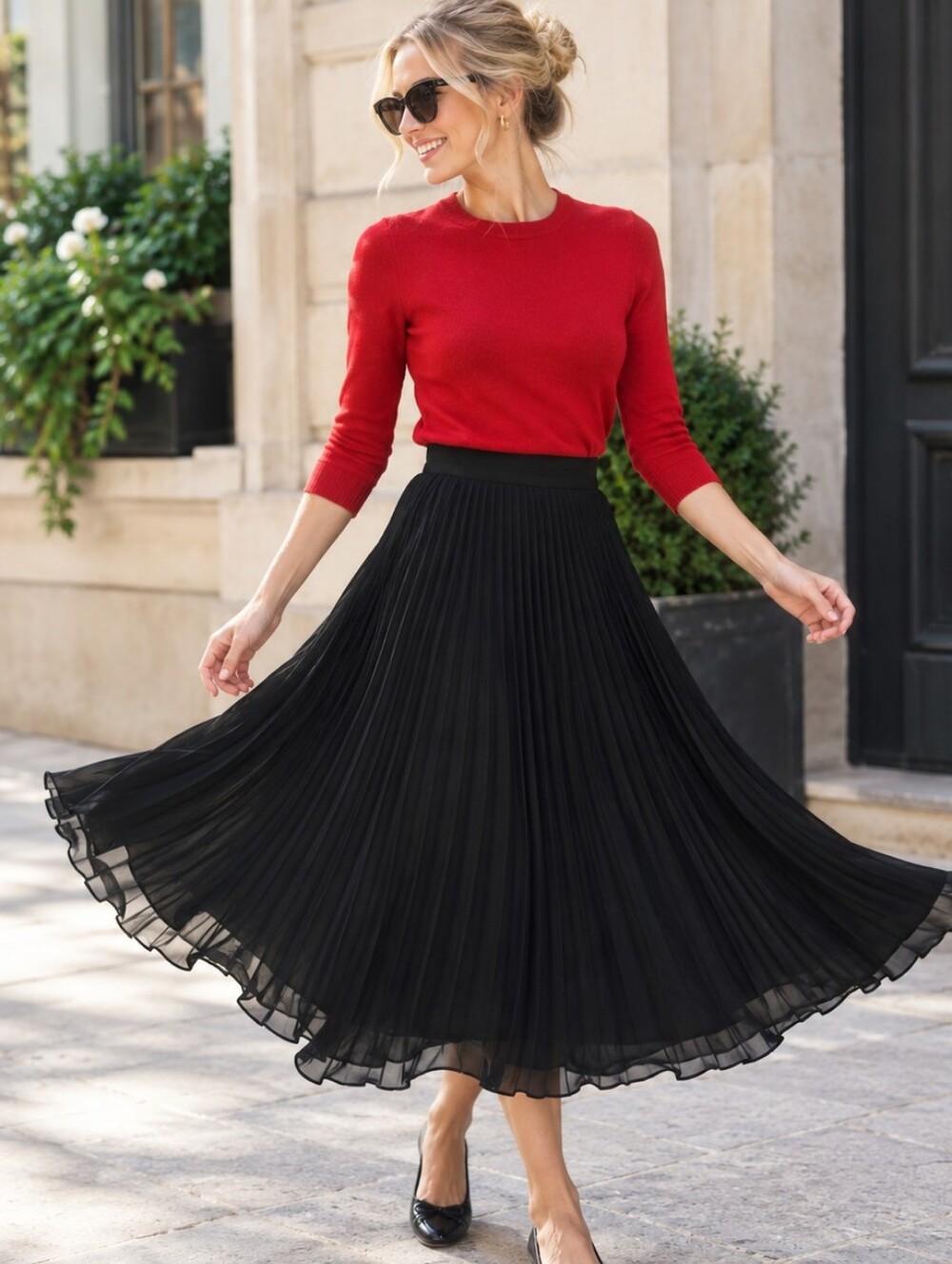 ZARA Black Pleated Lined Midi Drawstring Skirt | S